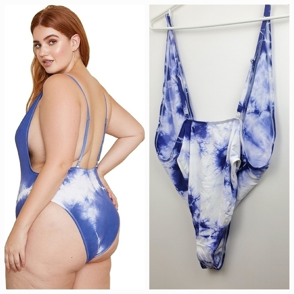 DIPPIN' Daisy's Bathing Suit Ultra Low Plunging V-Neck Size 1X & 2X Tye Die - Picture 2 of 9